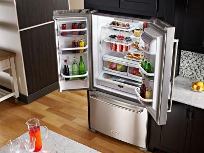 36" KitchenAid 25 Cu. Ft. Standard Depth French Door Refrigerator with Interior Dispense - KRFF305ESS